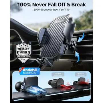 andobil 2025 Military-Grade Car Phone Holder - 85lbs Strongest Suction Patent Certs Car Phone Mount, Ultimate Dashboard/Windshield/Vent CellPhone Holder Truck Stand for iPhone 16 15 Pro Max 14 Samsung