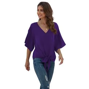VIISHOW Womens Deep V Neck Front Tie Knot Tops and Blouses for Work Batwing Sleeve Loose Shirts,Witch Purple,Large