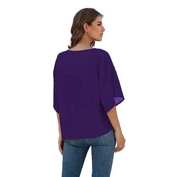 VIISHOW Womens Deep V Neck Front Tie Knot Tops and Blouses for Work Batwing Sleeve Loose Shirts,Witch Purple,Large