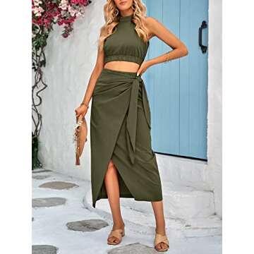CFLONGE Women's 2 Piece Outfits Casual Sleeveless Halter Crop Top and Draped Ruched Maxi Skirt Set S...