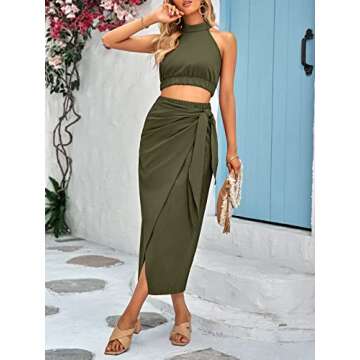 CFLONGE Women's 2 Piece Outfits Casual Sleeveless Halter Crop Top and Draped Ruched Maxi Skirt Set Solid Suiting for Cocktail Party(Army Green,X-Large)