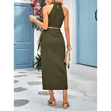 CFLONGE Women's 2 Piece Outfits Casual Sleeveless Halter Crop Top and Draped Ruched Maxi Skirt Set Solid Suiting for Cocktail Party(Army Green,X-Large)
