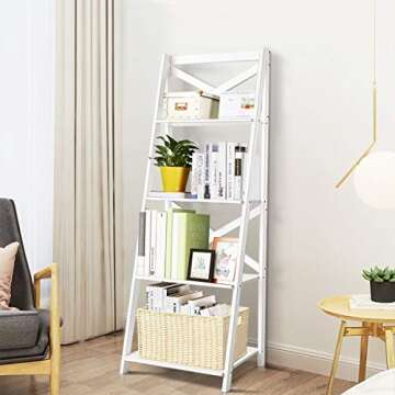 Tangkula 4-Tier Ladder Shelf Bookcase Leaning Free Standing Wooden Frame Decor Bookshelf Storage Flo...