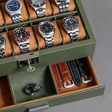ROTHWELL 10-Slot Watch Box in Leather with Valet Drawer, Luxury Watch Case Display Organizer with Ultra Soft Microsuede Liner, Jewelry and Sunglass Holder With Large Glass top (Green/Tan)