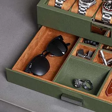 ROTHWELL 10-Slot Watch Box in Leather with Valet Drawer, Luxury Watch Case Display Organizer with Ultra Soft Microsuede Liner, Jewelry and Sunglass Holder With Large Glass top (Green/Tan)