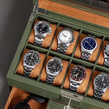 ROTHWELL 10-Slot Watch Box in Leather with Valet Drawer, Luxury Watch Case Display Organizer with Ultra Soft Microsuede Liner, Jewelry and Sunglass Holder With Large Glass top (Green/Tan)