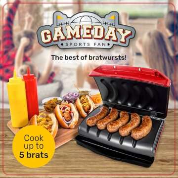Nostalgia Game Day Sausage and Brat 5 Link Electric Grill with Oil Drip Tray, Carry Handle, and Cord...