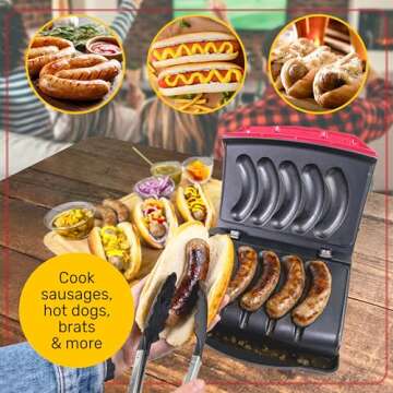 Nostalgia Game Day Sausage and Brat 5 Link Electric Grill with Oil Drip Tray, Carry Handle, and Cord Storage, Cooks Beef, Turkey, Chicken, Veggie Sausages, or Hot Dogs