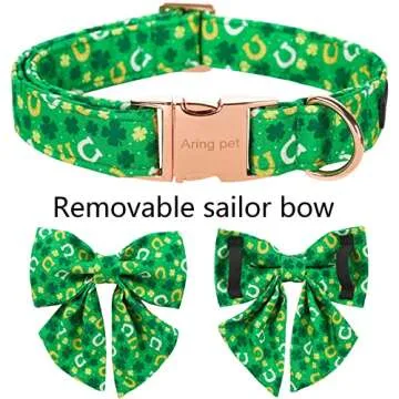 ARING PET St. Patrick's Day Dog Collar-Green Clovers Dog Collar with Sailor Bowtie, Adjustable Cotton Trefoil Dog Collars with Metal Buckle