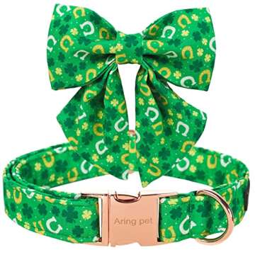 ARING PET St. Patrick's Day Dog Collar-Green Clovers Dog Collar with Sailor Bowtie, Adjustable Cotton Trefoil Dog Collars with Metal Buckle