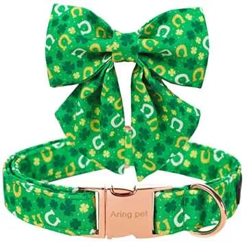 ARING PET St. Patrick's Day Dog Collar-Green Clovers Dog Collar with Sailor Bowtie, Adjustable Cotton Trefoil Dog Collars with Metal Buckle