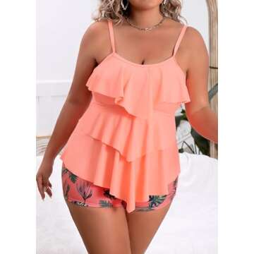 B2prity Women Plus Size Tankini Swimsuits Tummy Control Two Piece Bathing Suit Ruffled Flounce Swimwear with Shorts Peach