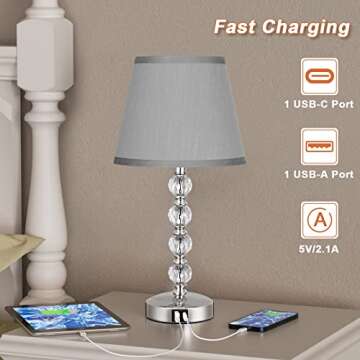 Acaxin Bedside Lamps for bedrooms Set of 2 - Crystal Nightstand Bedroom Lamps with USB C USB-A Charging Ports, 3 Way Dimmable Touch Control Gray Small Bed Side Table Lamp for Living Room/Guest Room