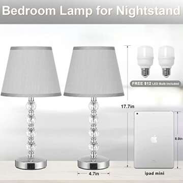 Acaxin Bedside Lamps for bedrooms Set of 2 - Crystal Nightstand Bedroom Lamps with USB C USB-A Charging Ports, 3 Way Dimmable Touch Control Gray Small Bed Side Table Lamp for Living Room/Guest Room