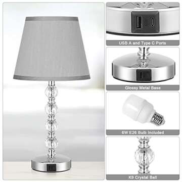 Acaxin Bedside Lamps for bedrooms Set of 2 - Crystal Nightstand Bedroom Lamps with USB C USB-A Charging Ports, 3 Way Dimmable Touch Control Gray Small Bed Side Table Lamp for Living Room/Guest Room