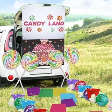 Mifoci 31 Pcs Halloween Candy Land Trunk or Treat Car Decorations Kits Car Archway Garage Decoration Candy Balloons Lollipop Backdrop Buckets for Halloween Outdoor Party Decorations