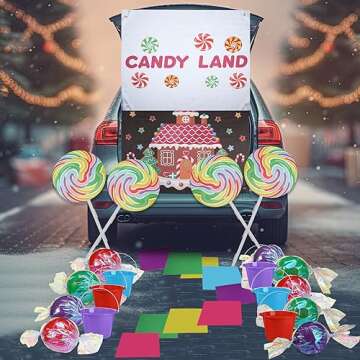 Mifoci 31 Pcs Halloween Candy Land Trunk or Treat Car Decorations Kits Car Archway Garage Decoration Candy Balloons Lollipop Backdrop Buckets for Halloween Outdoor Party Decorations
