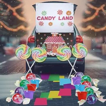 Mifoci 31 Pcs Halloween Candy Land Trunk or Treat Car Decorations Kits Car Archway Garage Decoration Candy Balloons Lollipop Backdrop Buckets for Halloween Outdoor Party Decorations