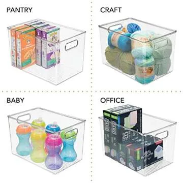 mDesign Deep Plastic Home Storage Organizer Bin with Built-in Handles for Cube Furniture Shelving in Office, Closet, Cabinet, Bedroom, Bathroom, Nursery, Dorm - 4 Pack - Clear