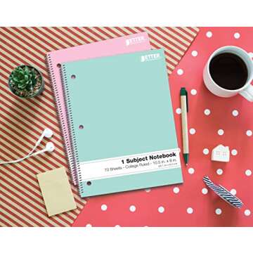 Better Office Products Spiral Notebooks, 6 Pack, 1 Subject, 70 Sheets, 10.5 x 8 inches, 6 Assorted P...