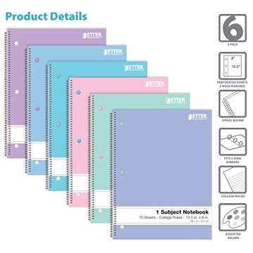 Better Office Products Spiral Notebooks, 6 Pack, 1 Subject, 70 Sheets, 10.5 x 8 inches, 6 Assorted Pastel Colors (College Ruled)