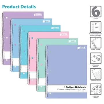 Better Office Products 6 Pack Spiral Notebooks - Pastel Colors
