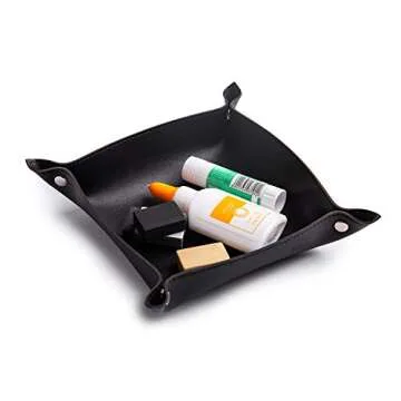 SANQIANWAN Leather Jewelry Valet Tray for Women and Man, Portable Entryway Table Tray Bedside Nightstand Desk Tray Small Catchall Travel Dish Plate for Key,Wallet,Watch,Coin (Black-B)