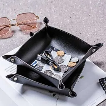 SANQIANWAN Leather Jewelry Valet Tray for Women and Man, Portable Entryway Table Tray Bedside Nightstand Desk Tray Small Catchall Travel Dish Plate for Key,Wallet,Watch,Coin (Black-B)