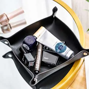 SANQIANWAN Leather Jewelry Valet Tray for Women and Man, Portable Entryway Table Tray Bedside Nightstand Desk Tray Small Catchall Travel Dish Plate for Key,Wallet,Watch,Coin (Black-B)