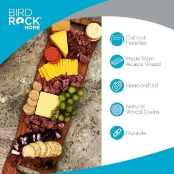 BIRDROCK HOME Acacia Wooden Cheese & Charcuterie Board with Handles 27.5" | Rectangular Food Platter...