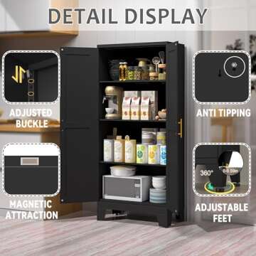 GAIOUS 61.02" Kitchen Pantry Cabinet, Kitchen Pantry Storage Cabinet with 2 Doors and Adjustable Shelves, Black Pantry Cabinet for Kitchen, Living Room, Bedroom and Dining Room (Black) Metal