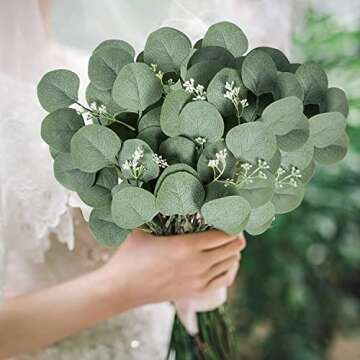 Ouddy Decor 20 Pcs Fake Eucalyptus Leaves Stems 14.2" Tall Silver Dollar Artificial Greenery Stems for Home Wedding Faux Eucalyptus Plant Bride Bouquet Vase Floral Arrangement (Grey Green with Seeds)