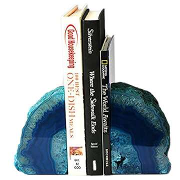 AMOYSTONE Bookends Agate Decorative Book Ends for Shelves Heavy Duty Crystal Stone Bookends Dyed Teal with Rubber Bumpers 1 Pair, 3-4 LBS