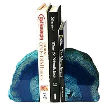 AMOYSTONE Bookends Agate Decorative Book Ends for Shelves Heavy Duty Crystal Stone Bookends Dyed Teal with Rubber Bumpers 1 Pair, 3-4 LBS