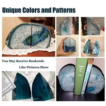 AMOYSTONE Bookends Agate Decorative Book Ends for Shelves Heavy Duty Crystal Stone Bookends Dyed Teal with Rubber Bumpers 1 Pair, 3-4 LBS