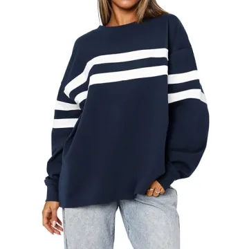 MASCOMODA Women's 2024 Striped Oversized Sweatshirt Fall Crewneck Long Sleeve Shirts Casual Color Bl...