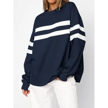 MASCOMODA Women's 2024 Striped Oversized Sweatshirt Fall Crewneck Long Sleeve Shirts Casual Color Block Pullover Tops(Navy,Small)