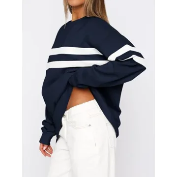 MASCOMODA Women's 2024 Striped Oversized Sweatshirt Fall Crewneck Long Sleeve Shirts Casual Color Block Pullover Tops(Navy,Small)