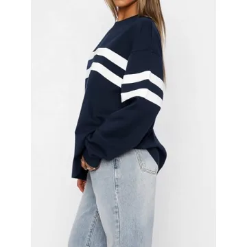 MASCOMODA Women's 2024 Striped Oversized Sweatshirt Fall Crewneck Long Sleeve Shirts Casual Color Block Pullover Tops(Navy,Small)