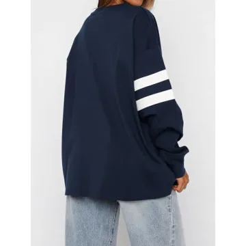 MASCOMODA Women's 2024 Striped Oversized Sweatshirt Fall Crewneck Long Sleeve Shirts Casual Color Block Pullover Tops(Navy,Small)