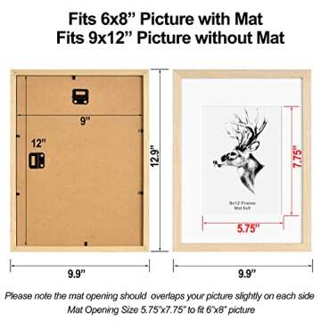 Yaetm 9x12 Oak Picture Frame Matted to 6x8 Set of 2, Natural Solid Wood Photo Frames 9x12 with Tempe...