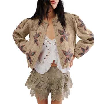 Locachy Women’s Casual Cropped Puffer Jacket with Flower Embroidery