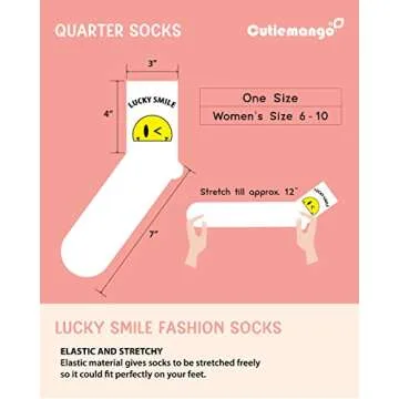 CUTIE MANGO 3-Pack Women's Fashion Running Sports Crew Socks Lucky Smile Happy Face Cute Deisgn Novelty Size 6,7,8,9,10 for Womens Fun Design Soft Cotton Socks, White