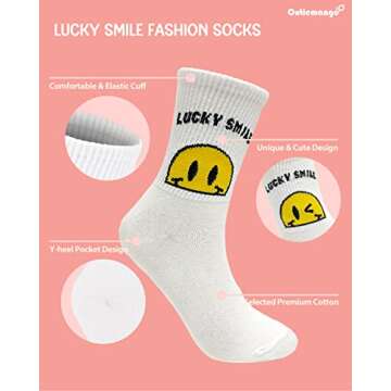 CUTIE MANGO 3-Pack Women's Fashion Running Sports Crew Socks Lucky Smile Happy Face Cute Deisgn Novelty Size 6,7,8,9,10 for Womens Fun Design Soft Cotton Socks, White