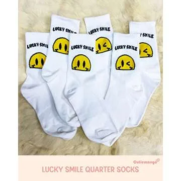 CUTIE MANGO 3-Pack Women's Fashion Running Sports Crew Socks Lucky Smile Happy Face Cute Deisgn Novelty Size 6,7,8,9,10 for Womens Fun Design Soft Cotton Socks, White