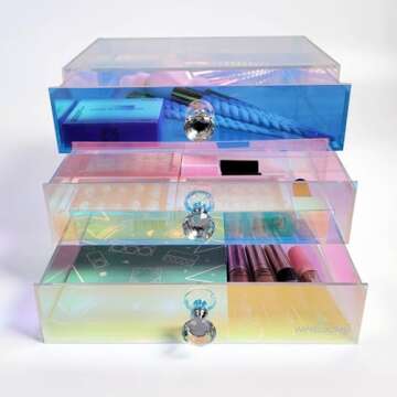 Impressions Vanity Prisma 3 Tier Clear Acrylic Makeup Organizer, 3 Slide Drawers Makeup Brush Holder, Iridescent Plastic Vanity Organizers Storage Case for Cosmetic, Skincare Accessories