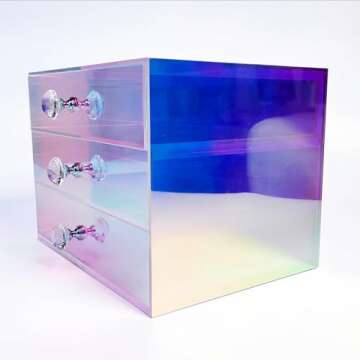 Impressions Vanity Prisma 3 Tier Clear Acrylic Makeup Organizer, 3 Slide Drawers Makeup Brush Holder, Iridescent Plastic Vanity Organizers Storage Case for Cosmetic, Skincare Accessories