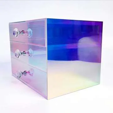 Impressions Vanity Prisma 3 Tier Clear Acrylic Makeup Organizer, 3 Slide Drawers Makeup Brush Holder, Iridescent Plastic Vanity Organizers Storage Case for Cosmetic, Skincare Accessories