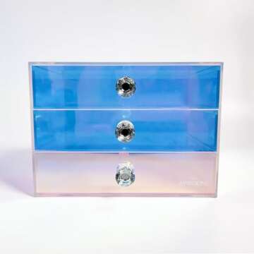 Impressions Vanity Prisma 3 Tier Clear Acrylic Makeup Organizer, 3 Slide Drawers Makeup Brush Holder, Iridescent Plastic Vanity Organizers Storage Case for Cosmetic, Skincare Accessories