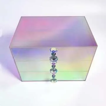 Impressions Vanity Prisma 3 Tier Clear Acrylic Makeup Organizer, 3 Slide Drawers Makeup Brush Holder, Iridescent Plastic Vanity Organizers Storage Case for Cosmetic, Skincare Accessories